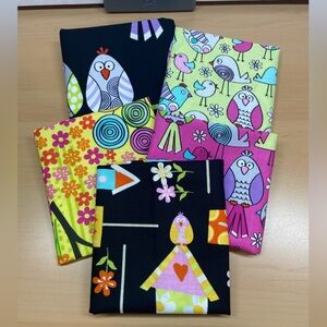 Owl, Birds & Floral Cotton Fabric Bundle – Pink, Yellow, Black